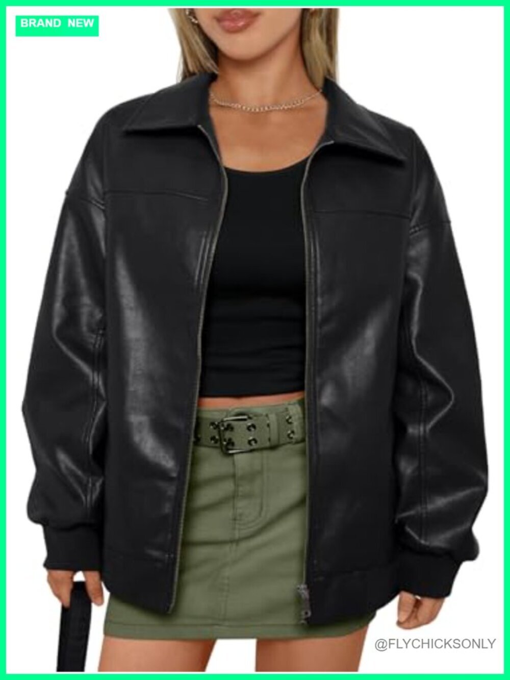Oversized Faux Leather Zip Up Bomber Jacket Coat